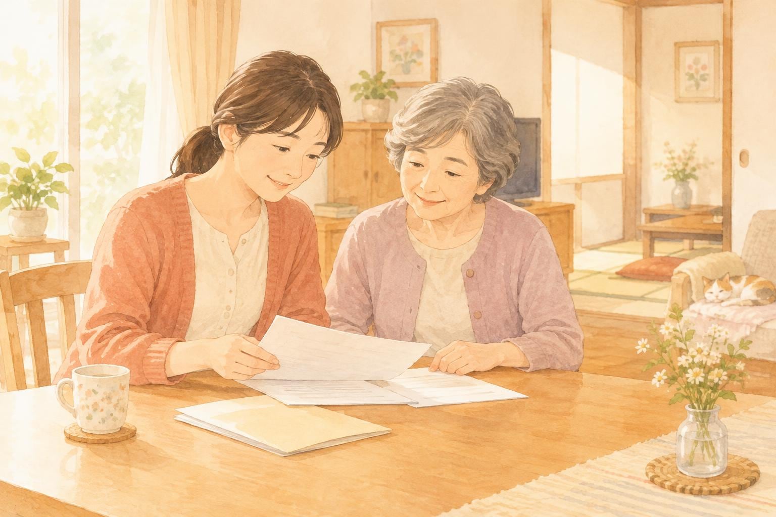 実家の居間のテーブルで、娘と母親が並んで書類を一緒に見ている