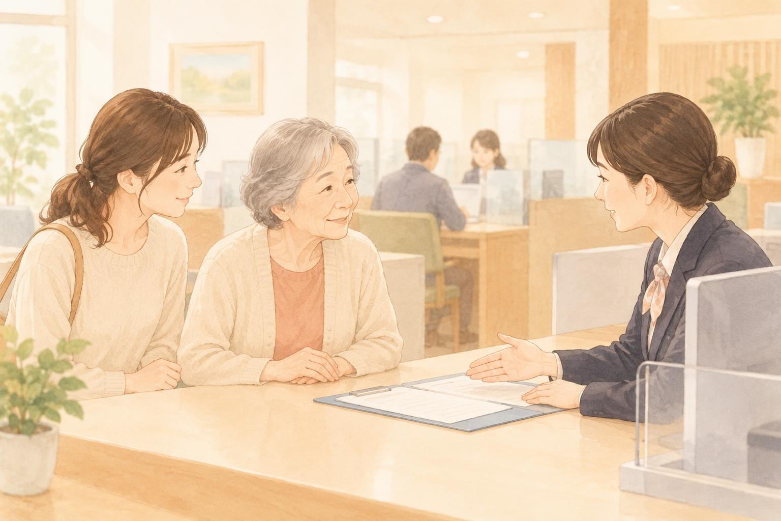 銀行の窓口で、娘が付き添い、高齢の母親が行員と落ち着いて話している
