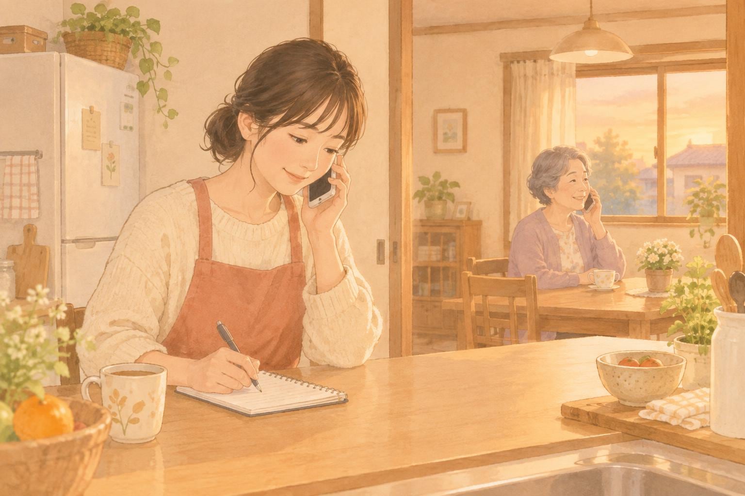 夕方のキッチンで、娘が実家の母親に電話をかけながら、ノートにメモを取っている