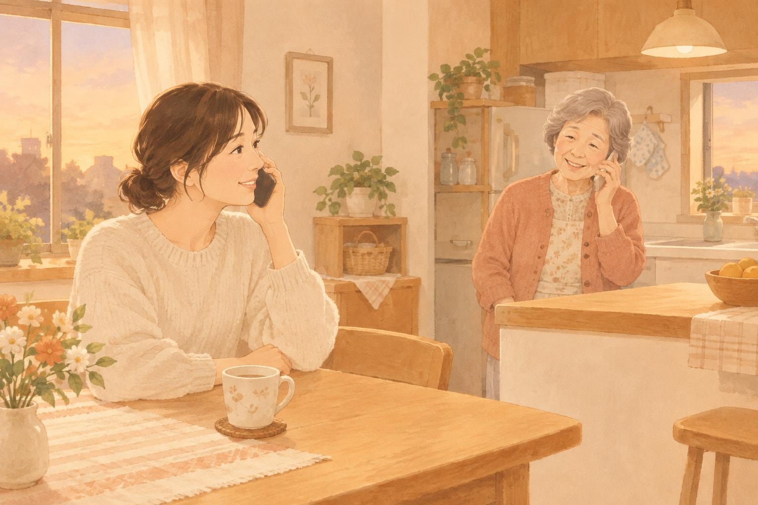 夕方のキッチンで、娘が実家の母親にやさしく電話をかけている場面