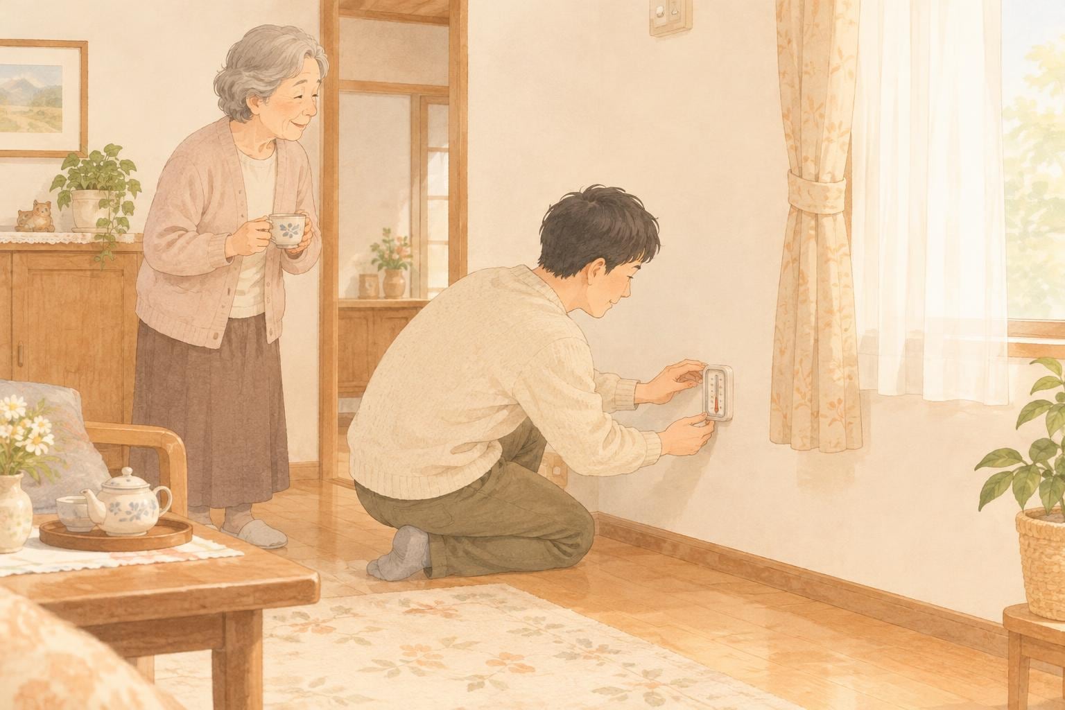 帰省した息子が、実家の居間の壁に温度計を取り付け、母親が見守っている場面
