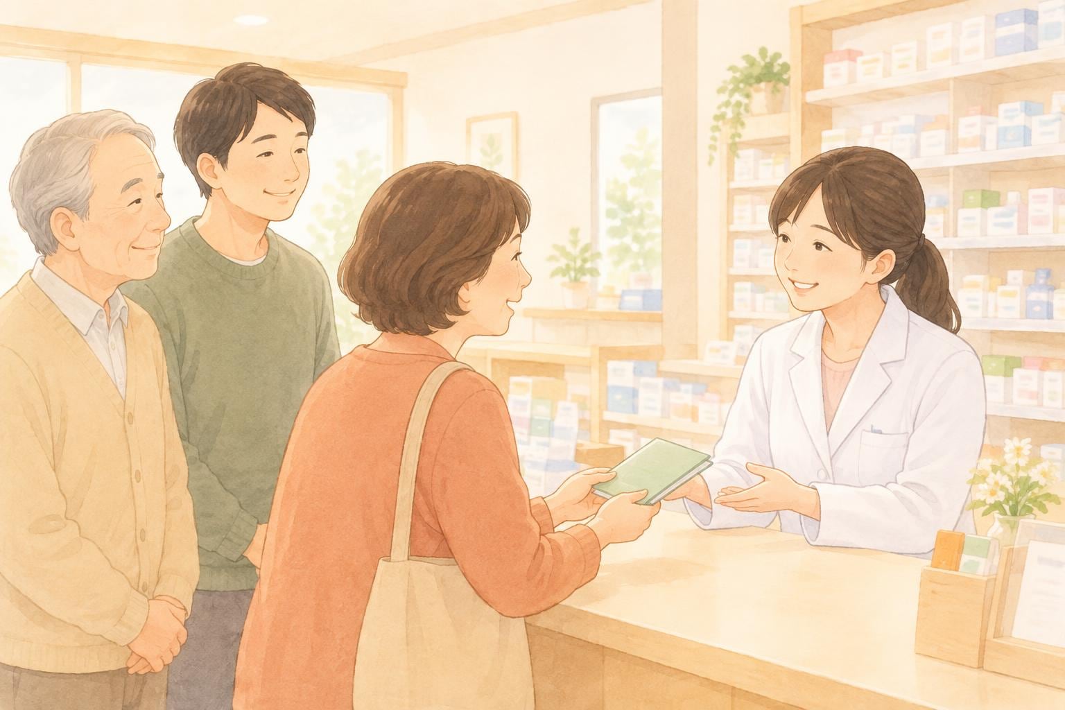 薬局のカウンターで、女性がお薬手帳を渡しながら薬剤師に一包化を相談している場面。隣に高齢の父親と息子も並んでいる