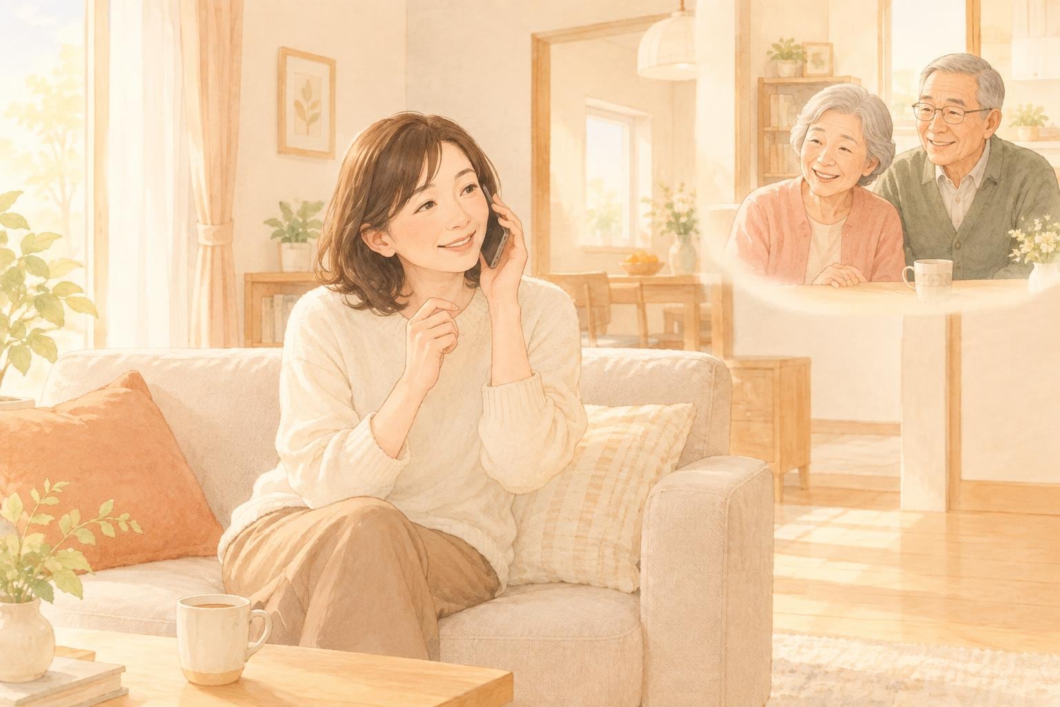 ソファで笑顔でスマートフォンを耳に当て、相づちを打ちながら話を聞いている女性