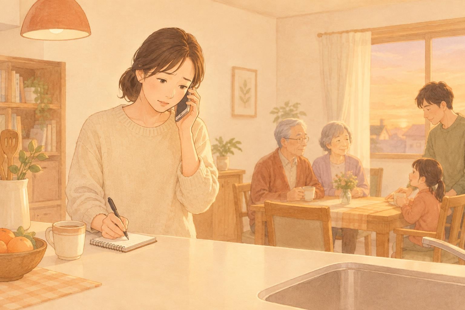 夕方のキッチンで、スマートフォンを片手にメモを取りながら電話をかける女性