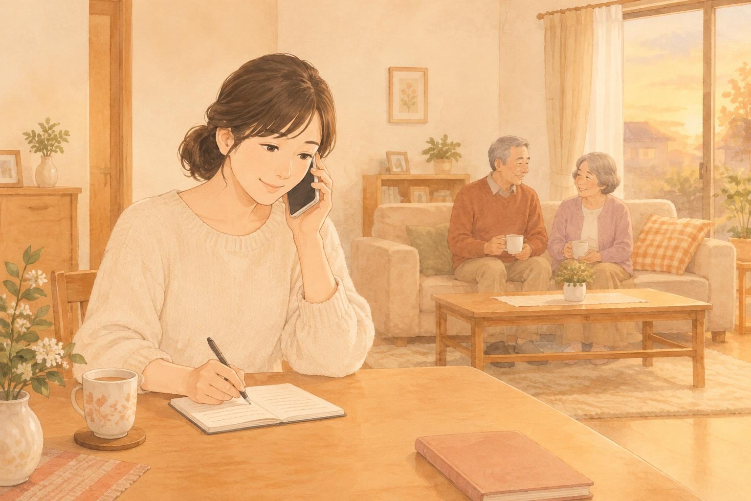 手元のノートに親の通院の曜日を書き留めながら、電話をかける娘