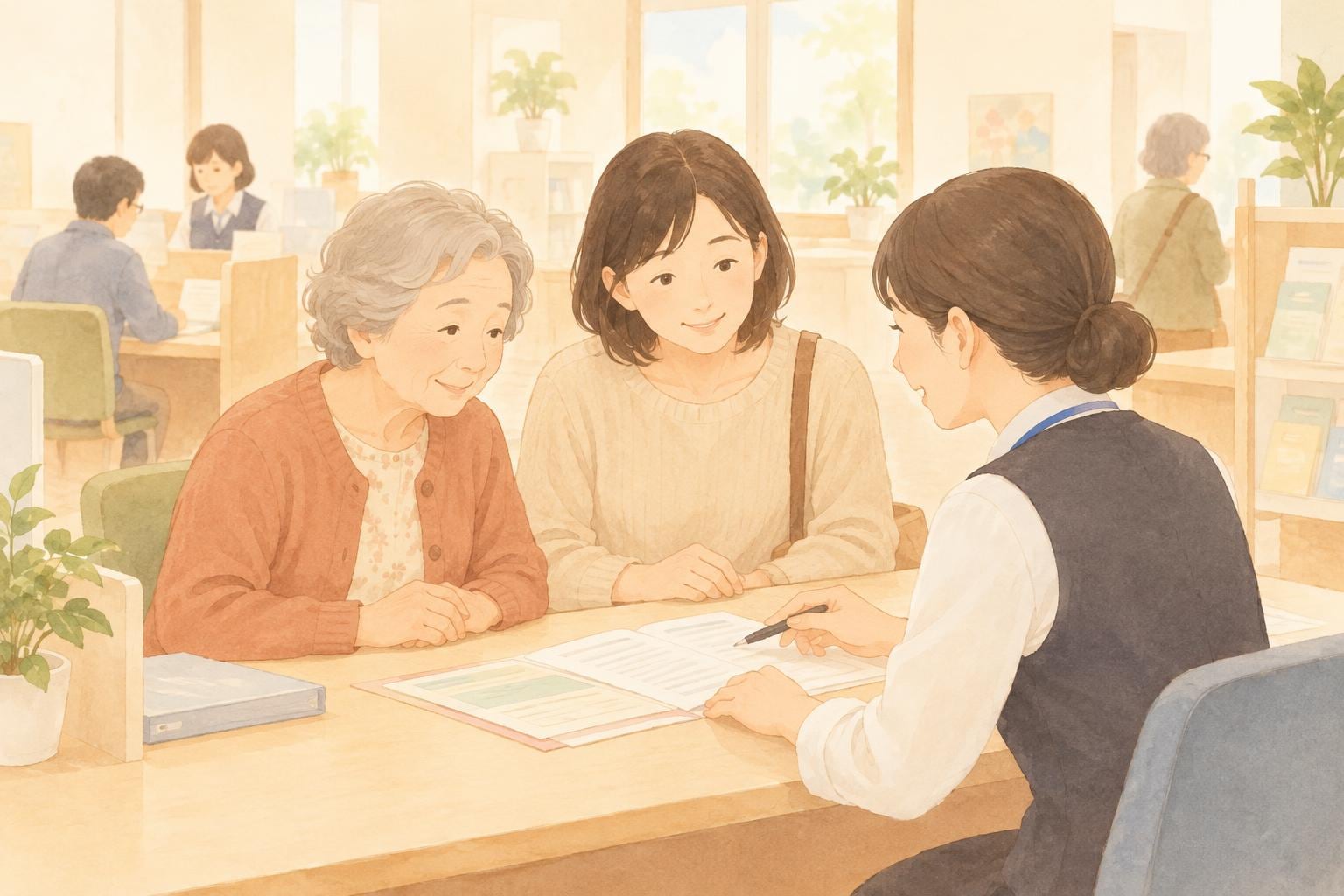 窓口で職員と書類を見ながら相談する、高齢の母親と娘