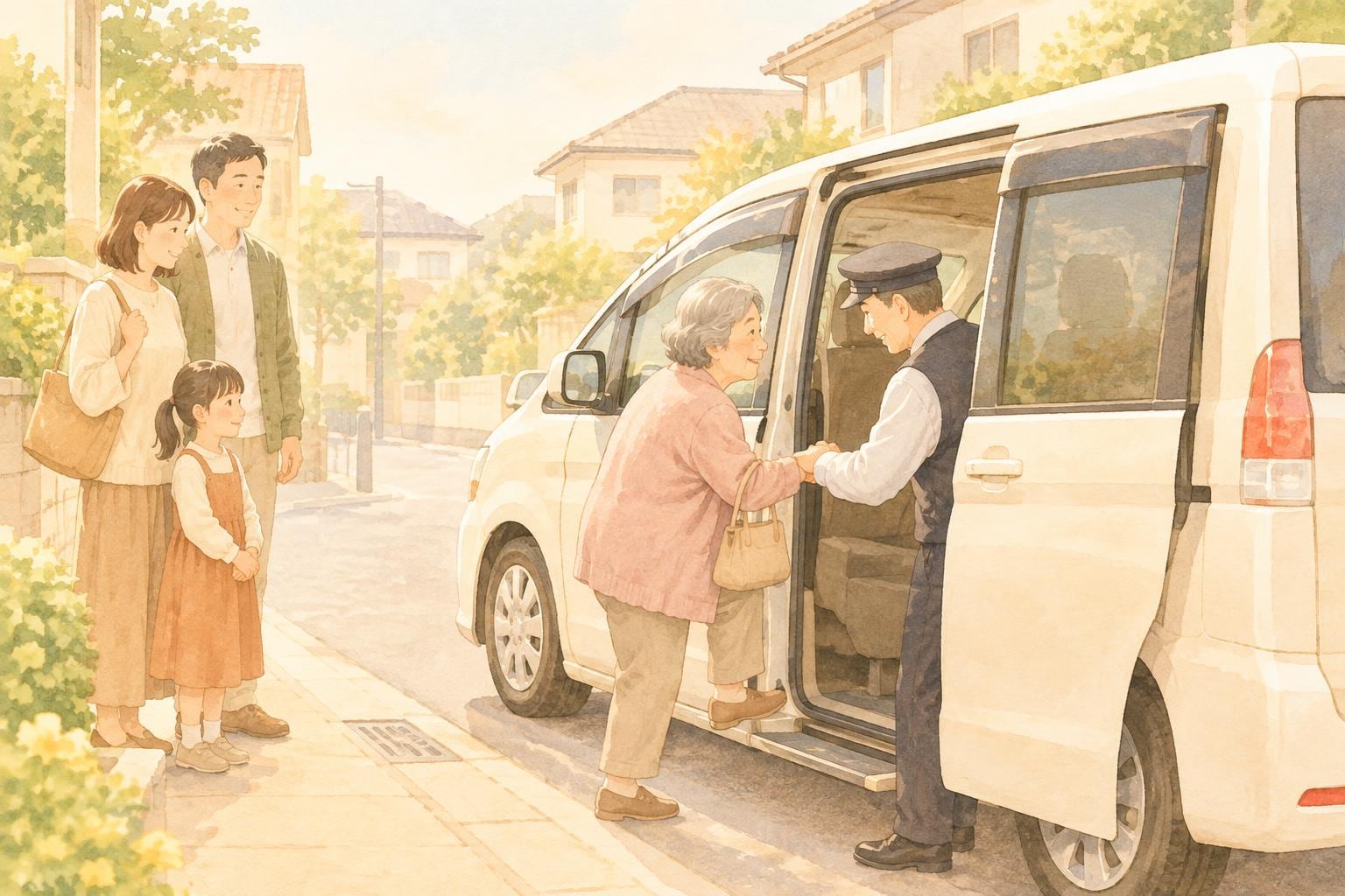 家の前に停まった福祉車両に、運転手の手を借りて乗り込む高齢の母親