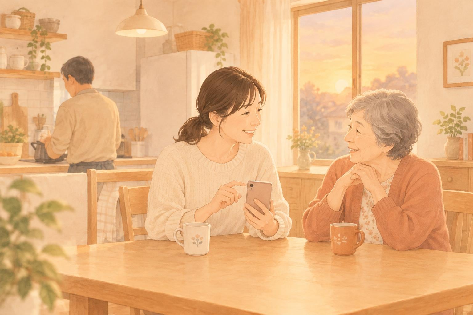 食卓で、スマートフォンを手に母と笑顔で話す娘。奥の台所では父が料理をしている