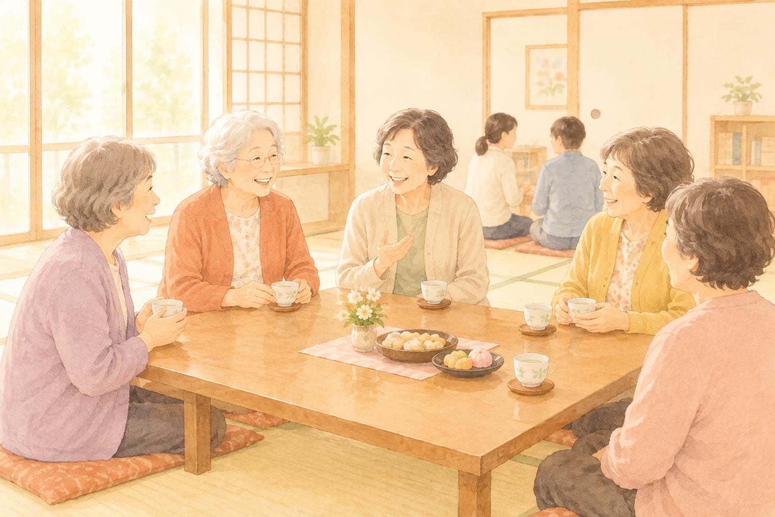 明るい和室で、高齢の女性たちがお茶とお菓子を囲んで笑顔で話している