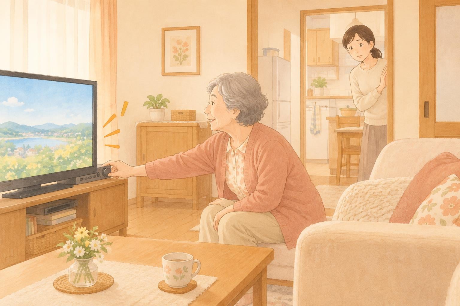 実家の居間でテレビの音量を上げる母親を、台所の入口から心配そうに見ている娘