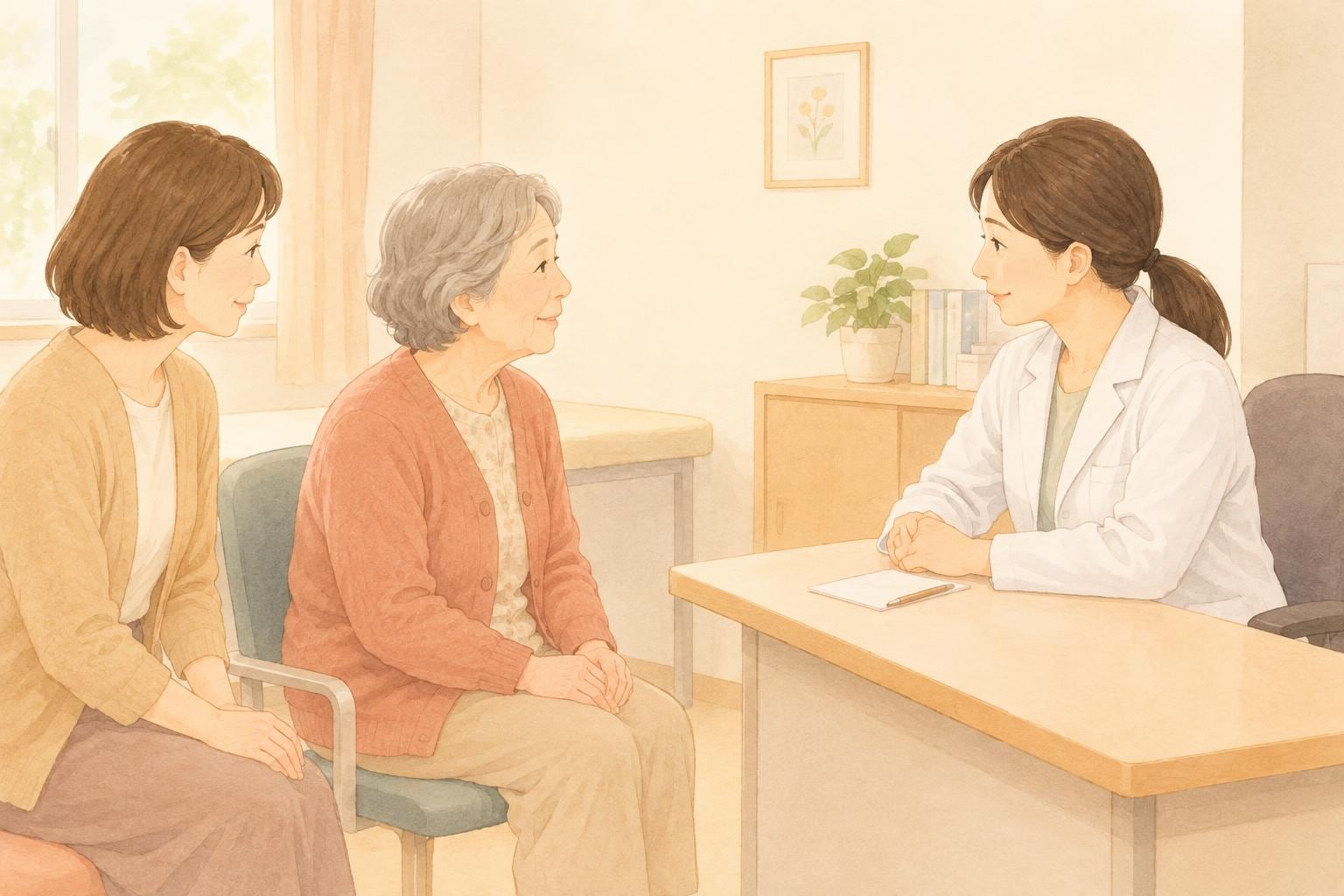 耳鼻咽喉科の診察室で、付き添いの娘と一緒に医師の話を聞く高齢の母親