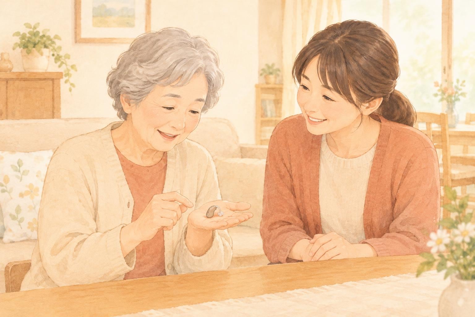 居間で、手のひらにのせた補聴器を見ながら娘と話す高齢の母親