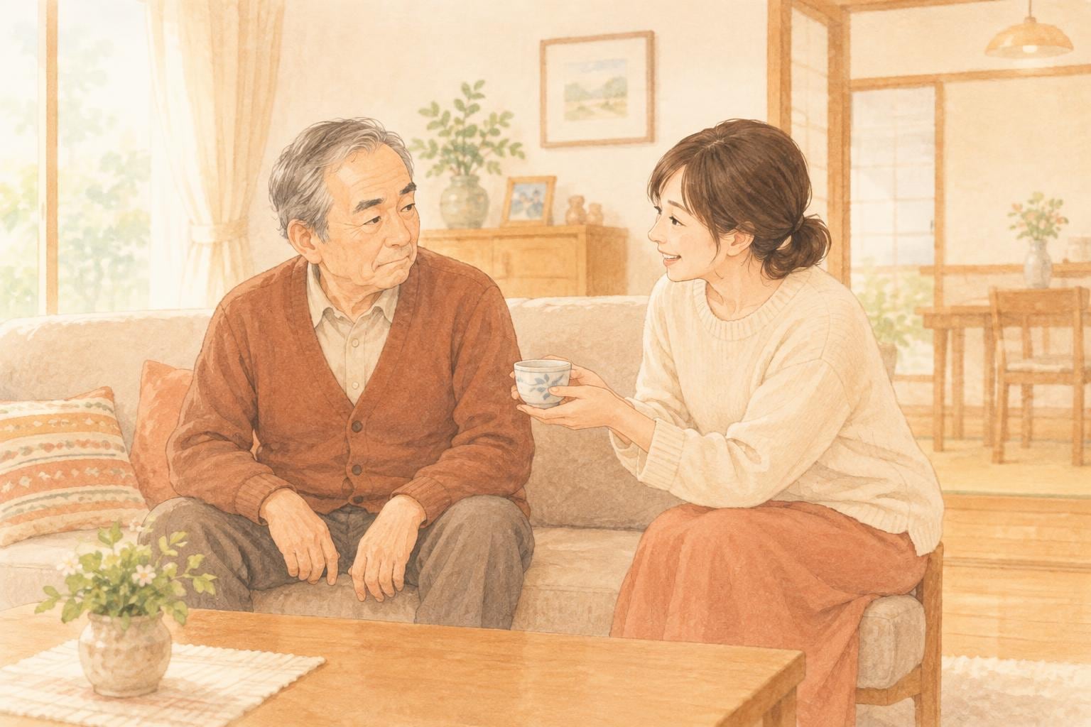 居間のソファで少し渋い表情の父親に、娘が湯のみを差し出しながら話しかけている