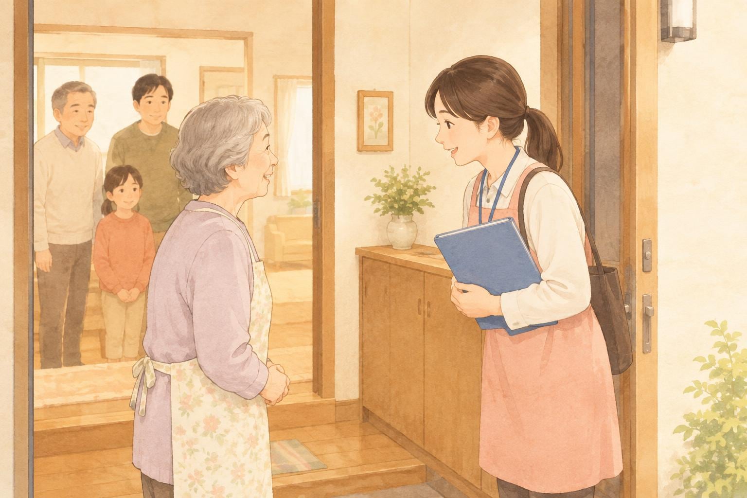 玄関先で、エプロン姿の女性相談員に高齢の女性が穏やかに挨拶している