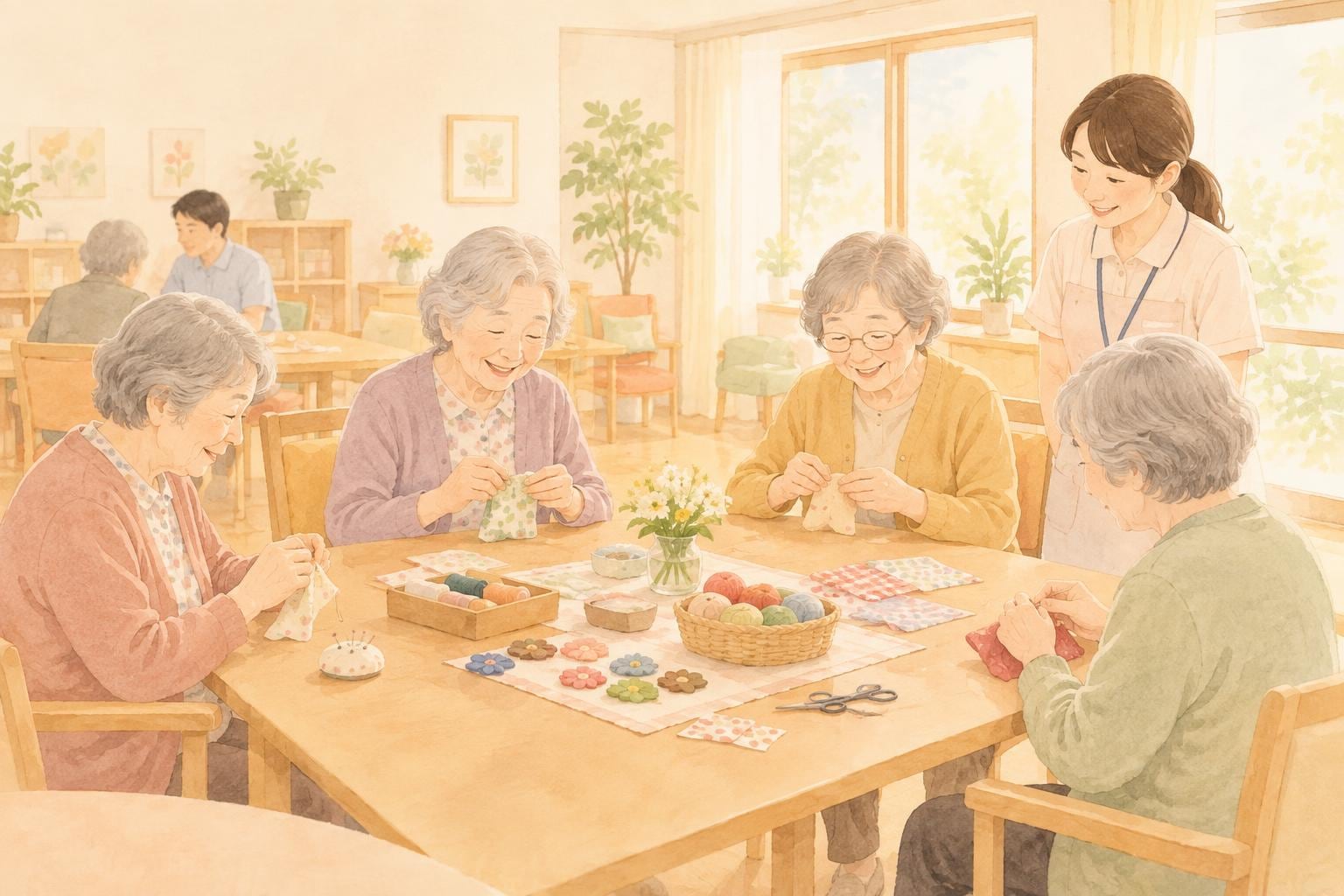 デイサービスの明るい部屋で、高齢の女性たちがテーブルを囲んで手芸をし、職員が見守っている