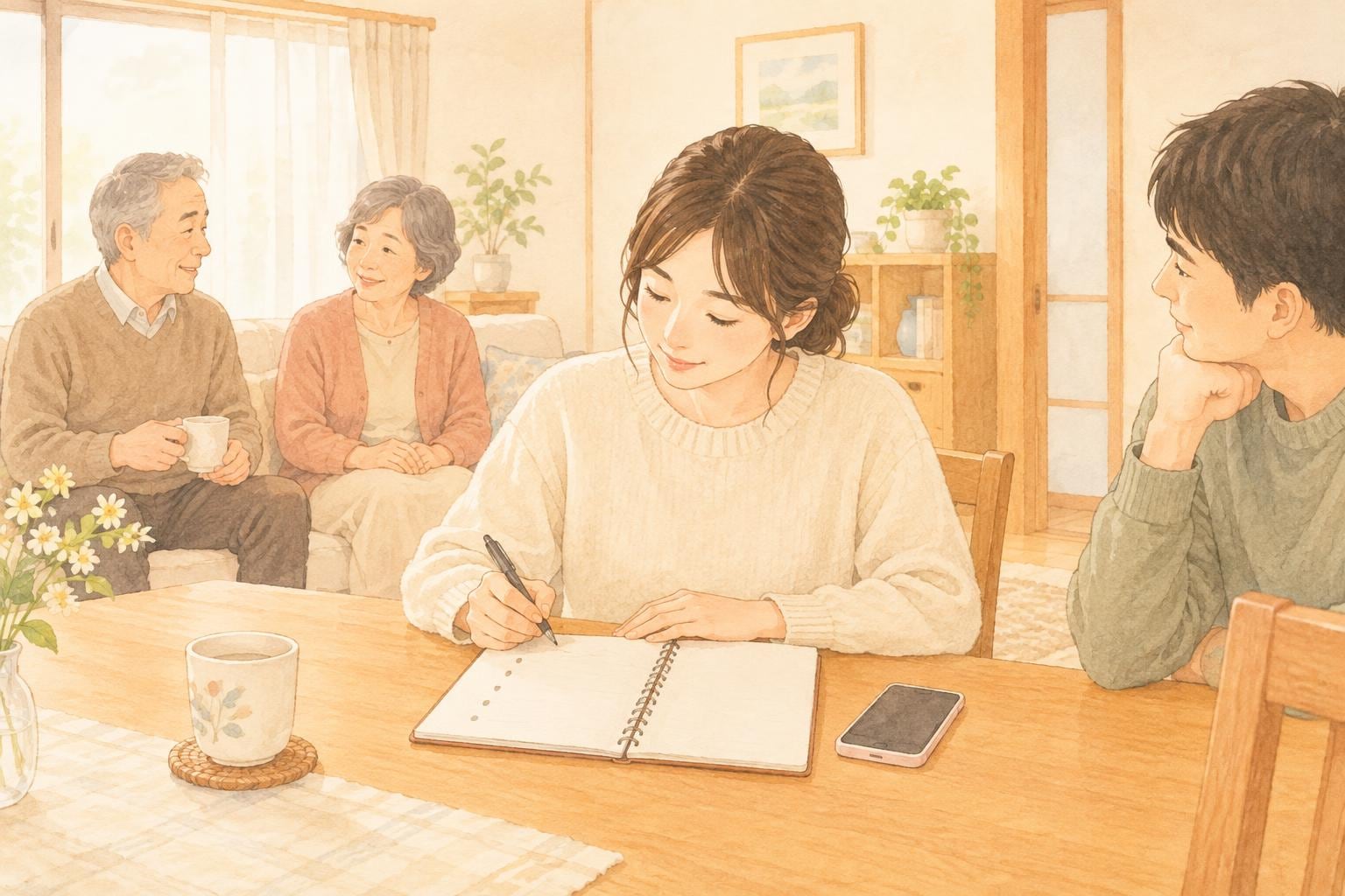食卓でノートに気づいたことを書き出す娘。奥のソファに両親、隣に家族が座っている