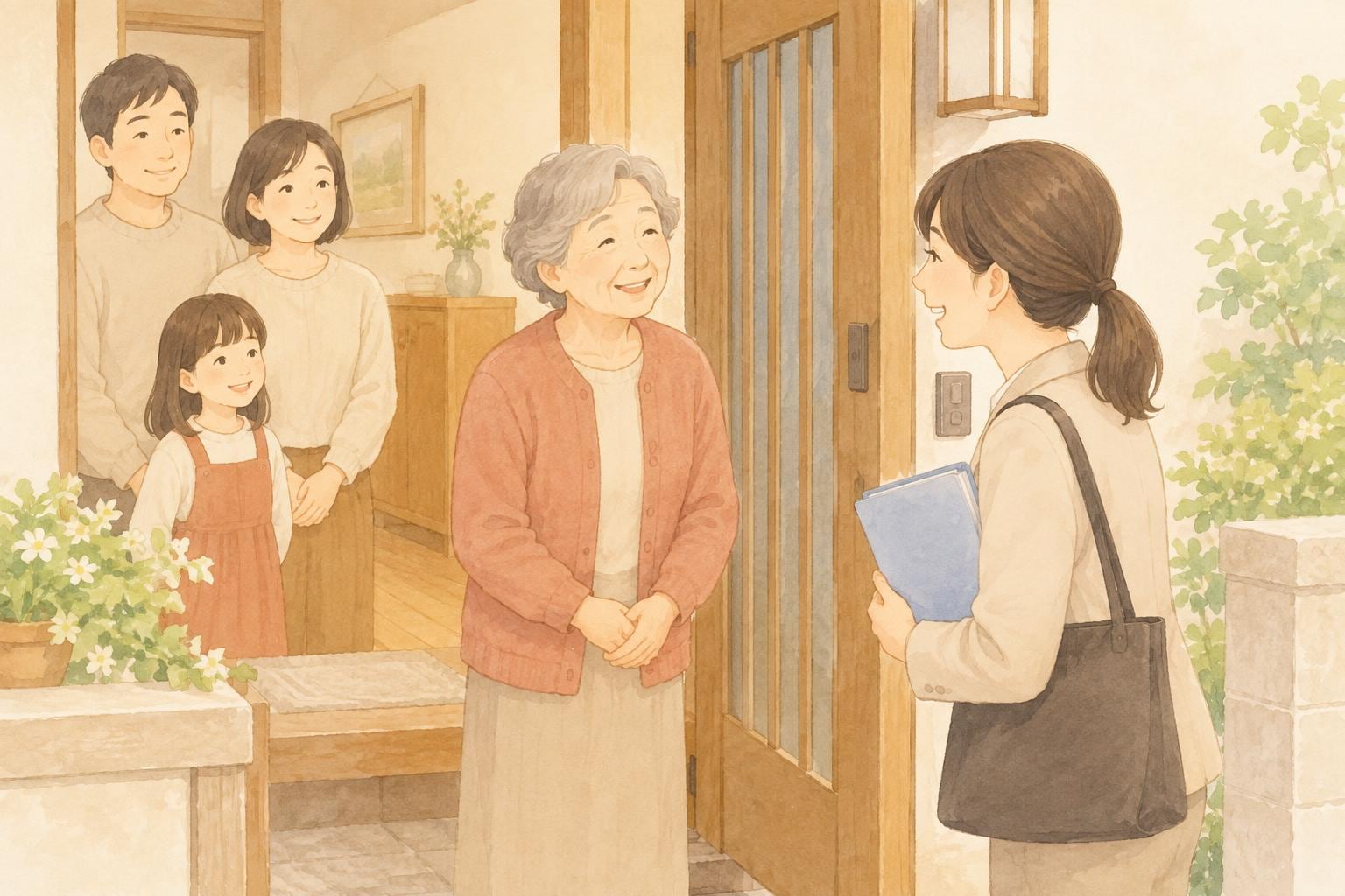 実家の玄関先で、高齢の女性が書類フォルダを持った女性の相談員に穏やかに挨拶している