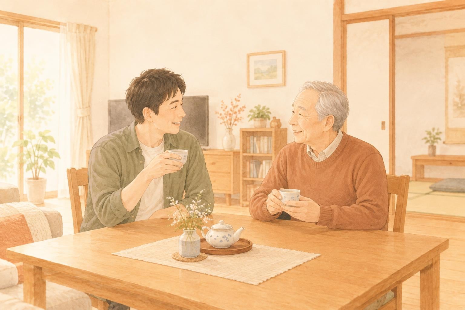 居間のテーブルで、息子と高齢の父親がお茶を飲みながら穏やかに話している