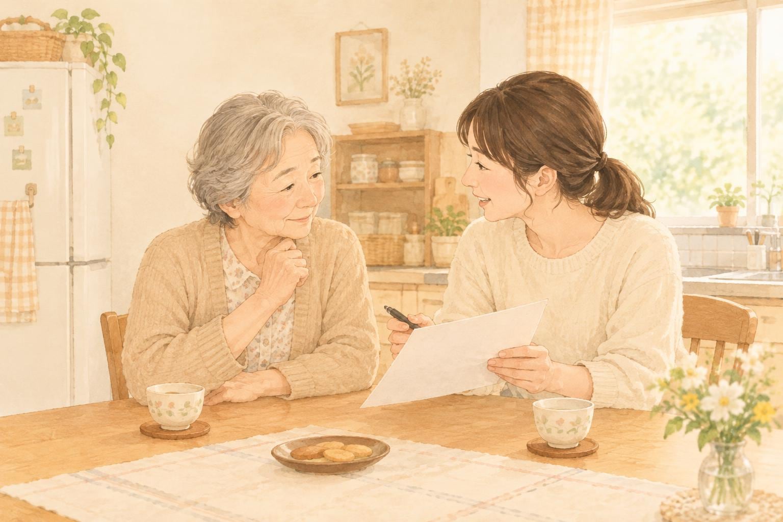 実家の台所のテーブルで、娘が紙とペンを見せながら高齢の母親に話しかけている。母親は穏やかにうなずいている