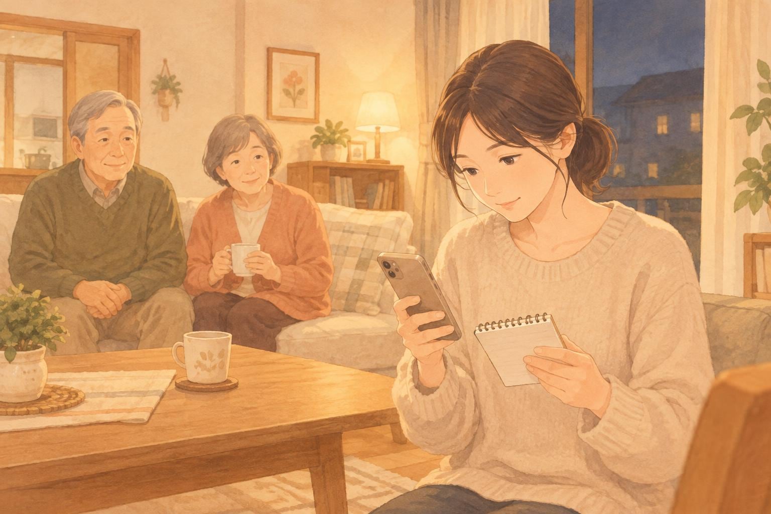 居間で、娘がスマホを手に、手元のメモ帳を見ている。ソファでは両親が穏やかに見守っている