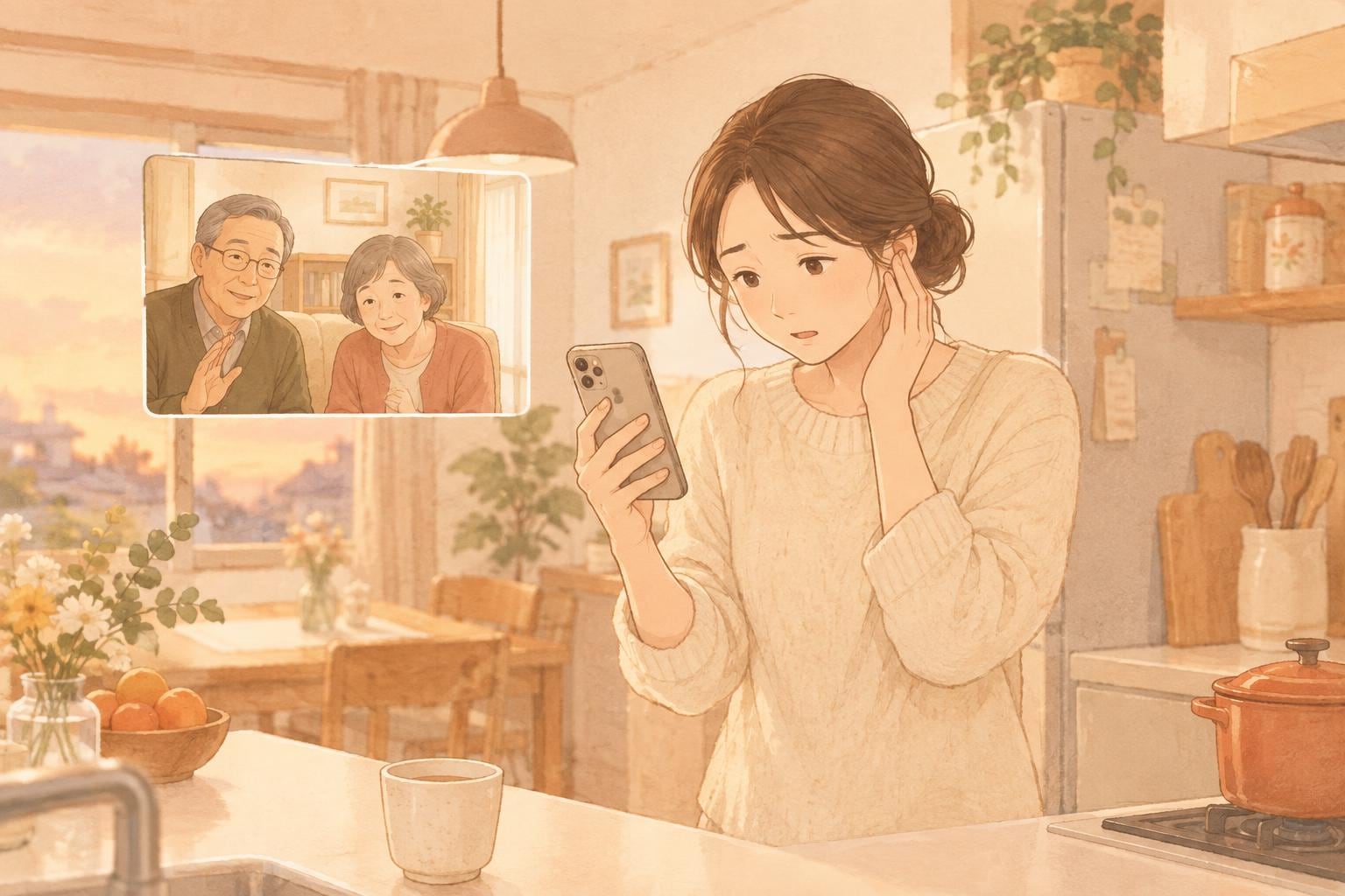 キッチンでスマホを片手に、実家とのテレビ電話が聞き取りづらそうな娘