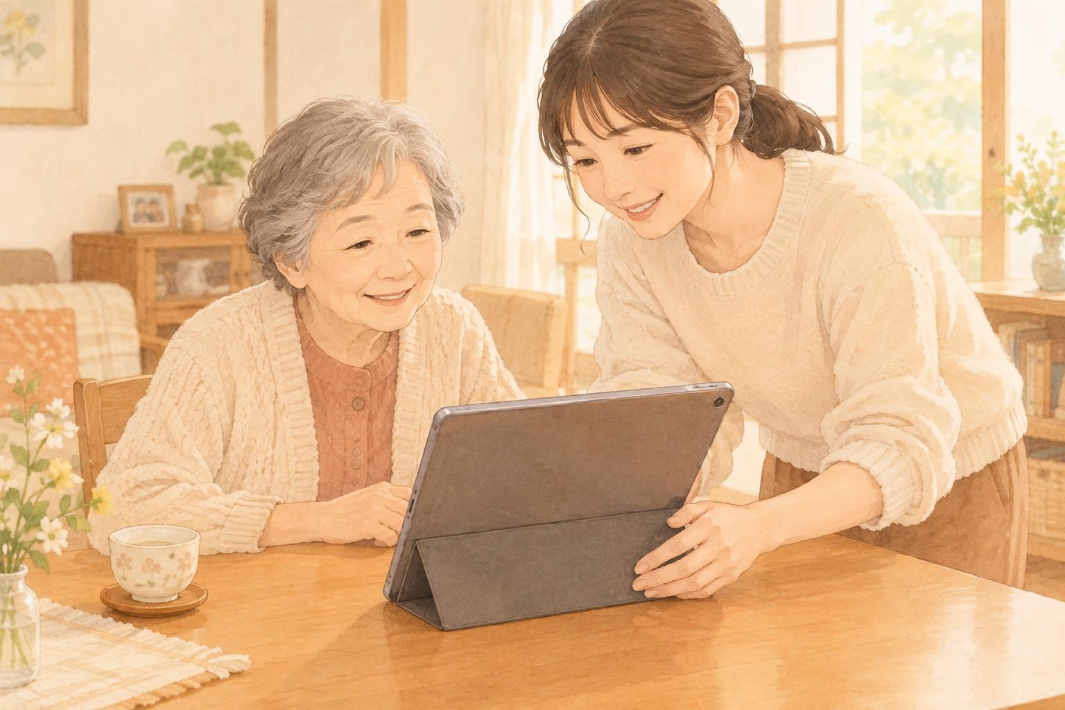 実家の居間で、娘がタブレットのスタンドを高齢の母親の顔の高さに合わせている