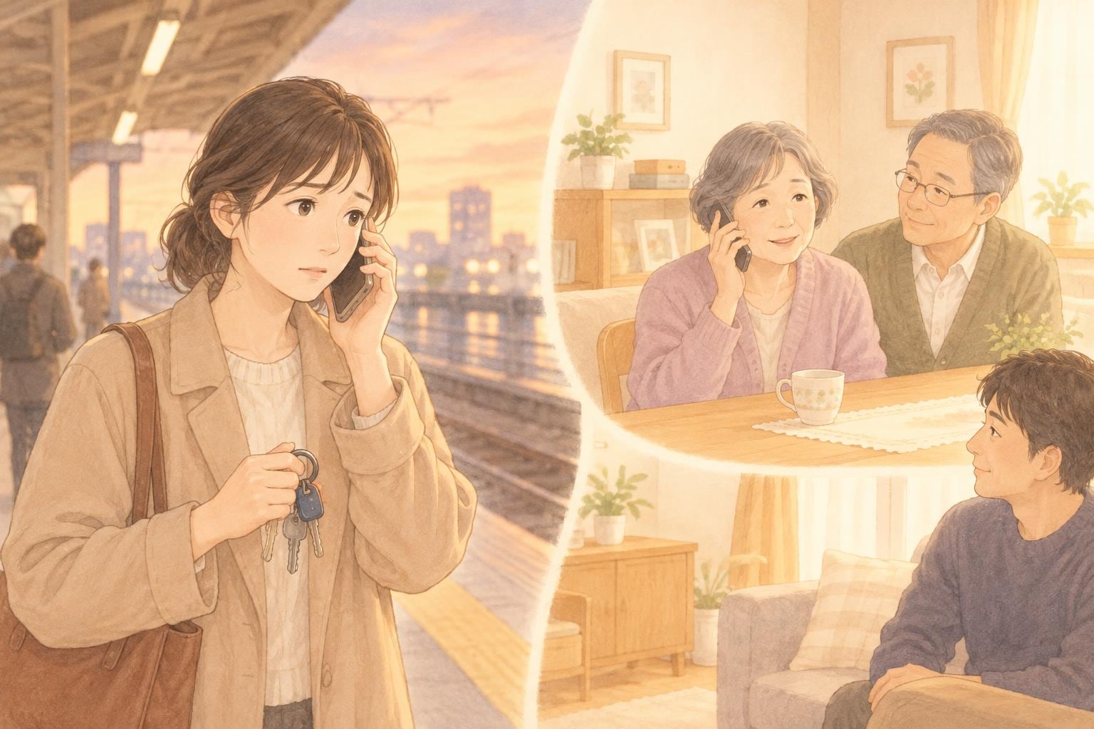 夕方の駅のホームで、娘が実家に電話をかけている。手には鍵束を持ち、心配そうな表情をしている