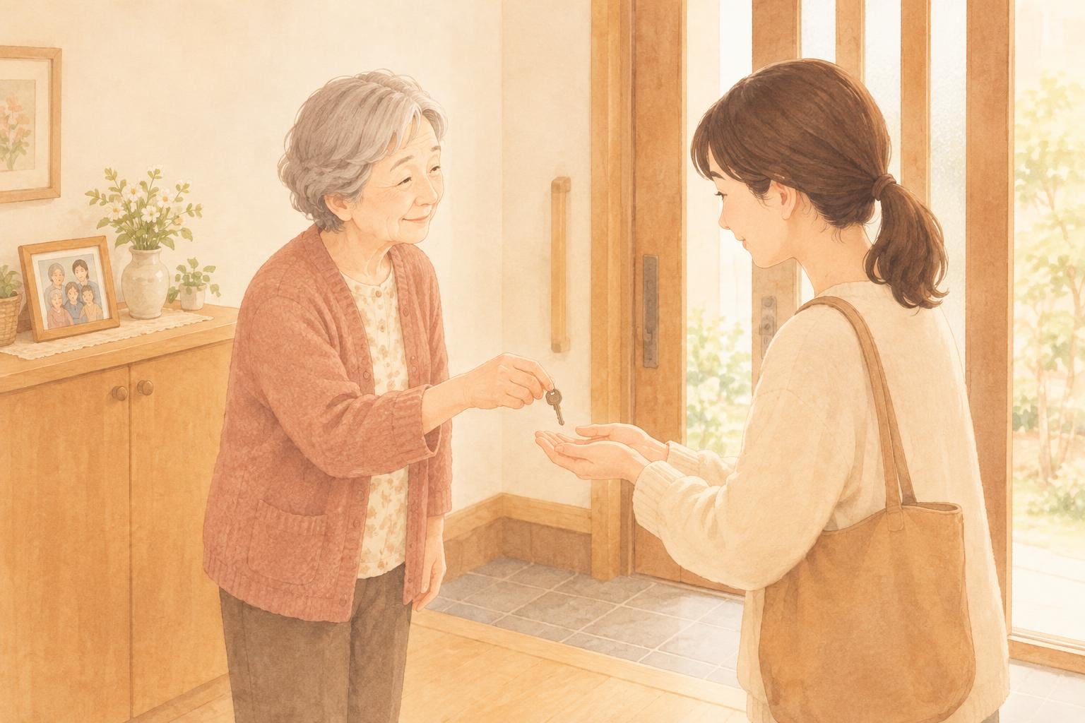 実家の玄関で、高齢の母親が娘に小さな鍵を手渡している。背後の棚には家族写真が飾られている