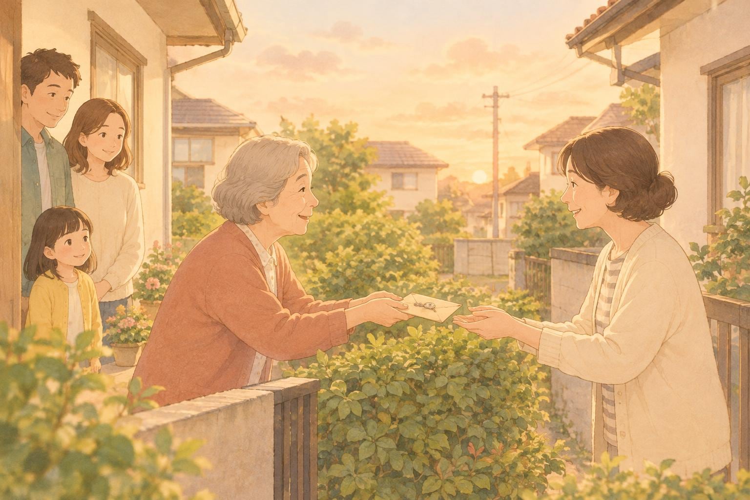 夕方の住宅街で、高齢の母親が垣根越しに隣の女性へ鍵の入った封筒を手渡している。後ろで家族が見守っている