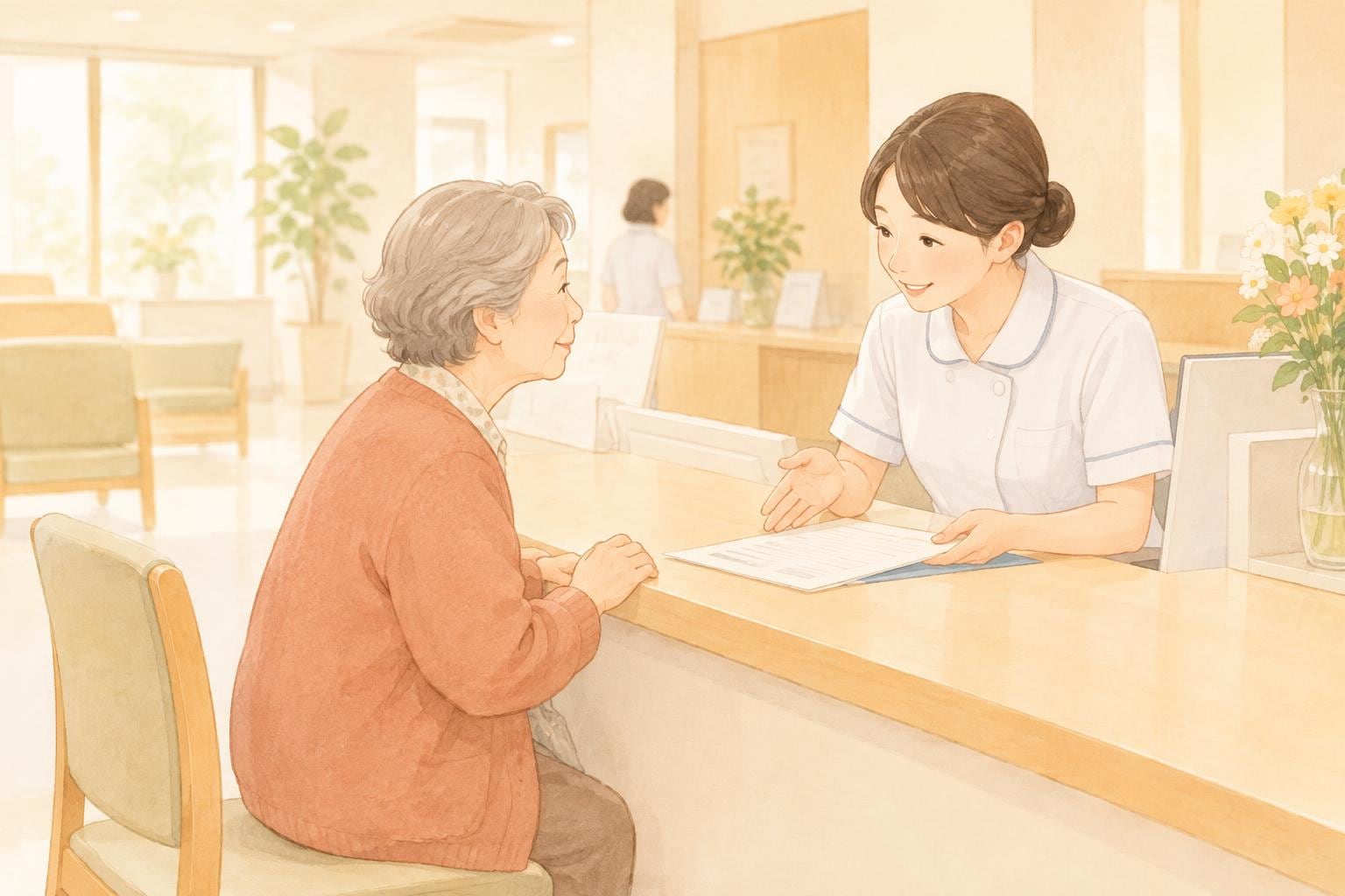 病院の受付で、看護師が高齢の女性に書類を見せながら説明している