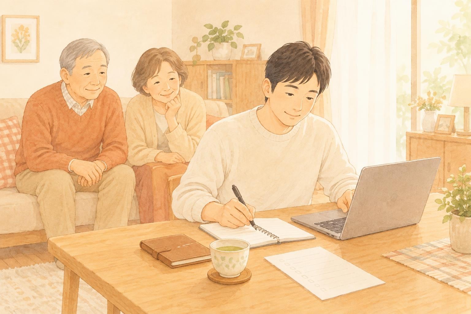 息子がリビングで手帳とノートパソコンを使い、入院の持ち物リストを書いている