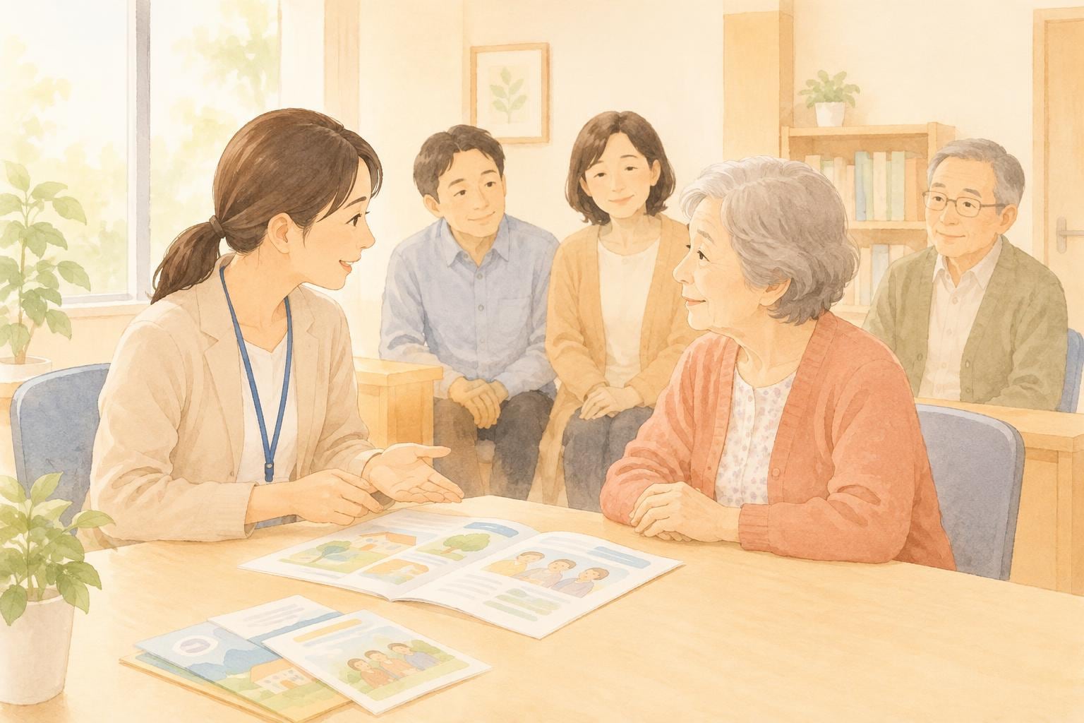 相談室で、女性の職員が高齢の女性と家族にパンフレットを見せながら説明している