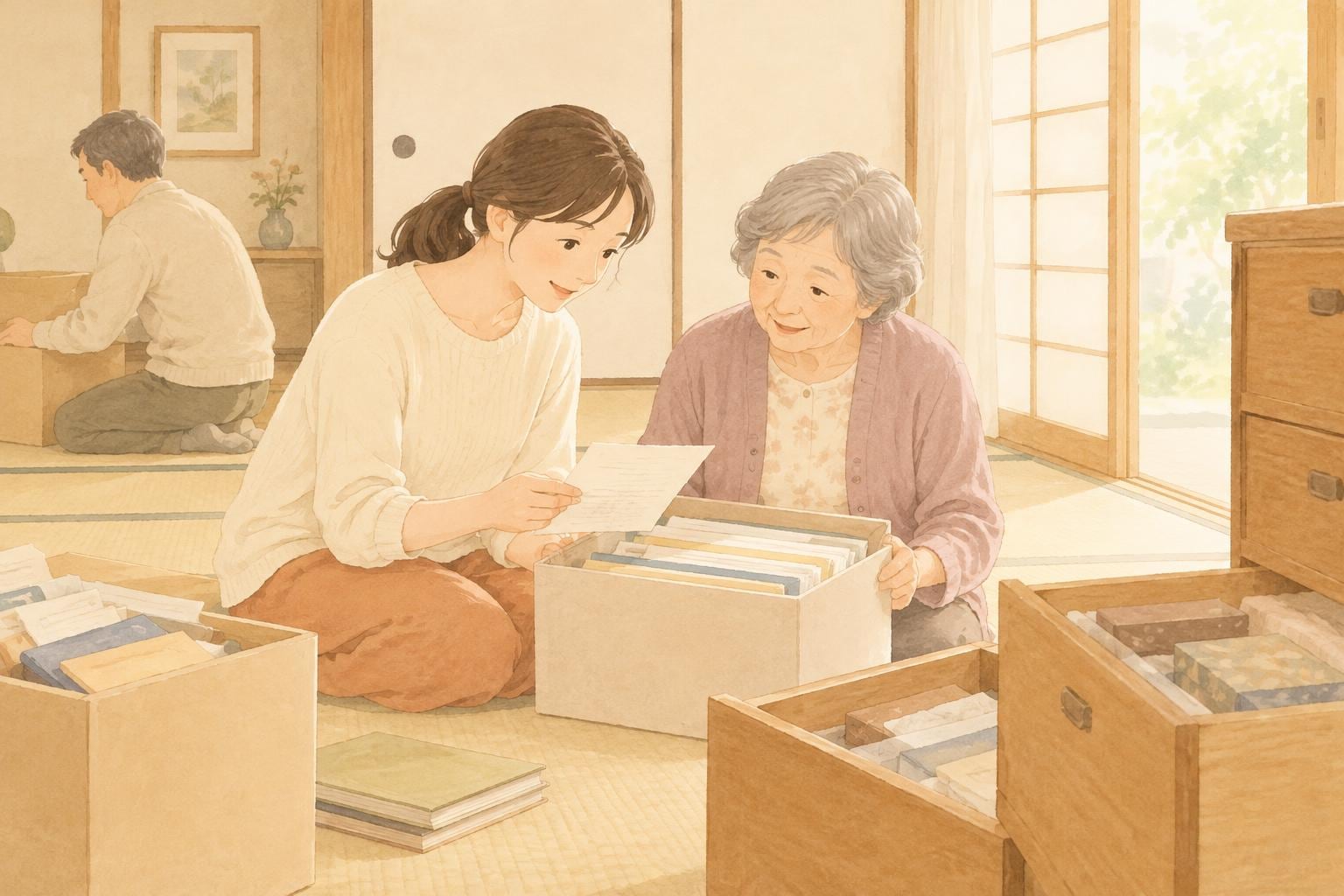 和室で、娘が書類の入った箱を前に、高齢の母親と一緒に中を確かめている様子