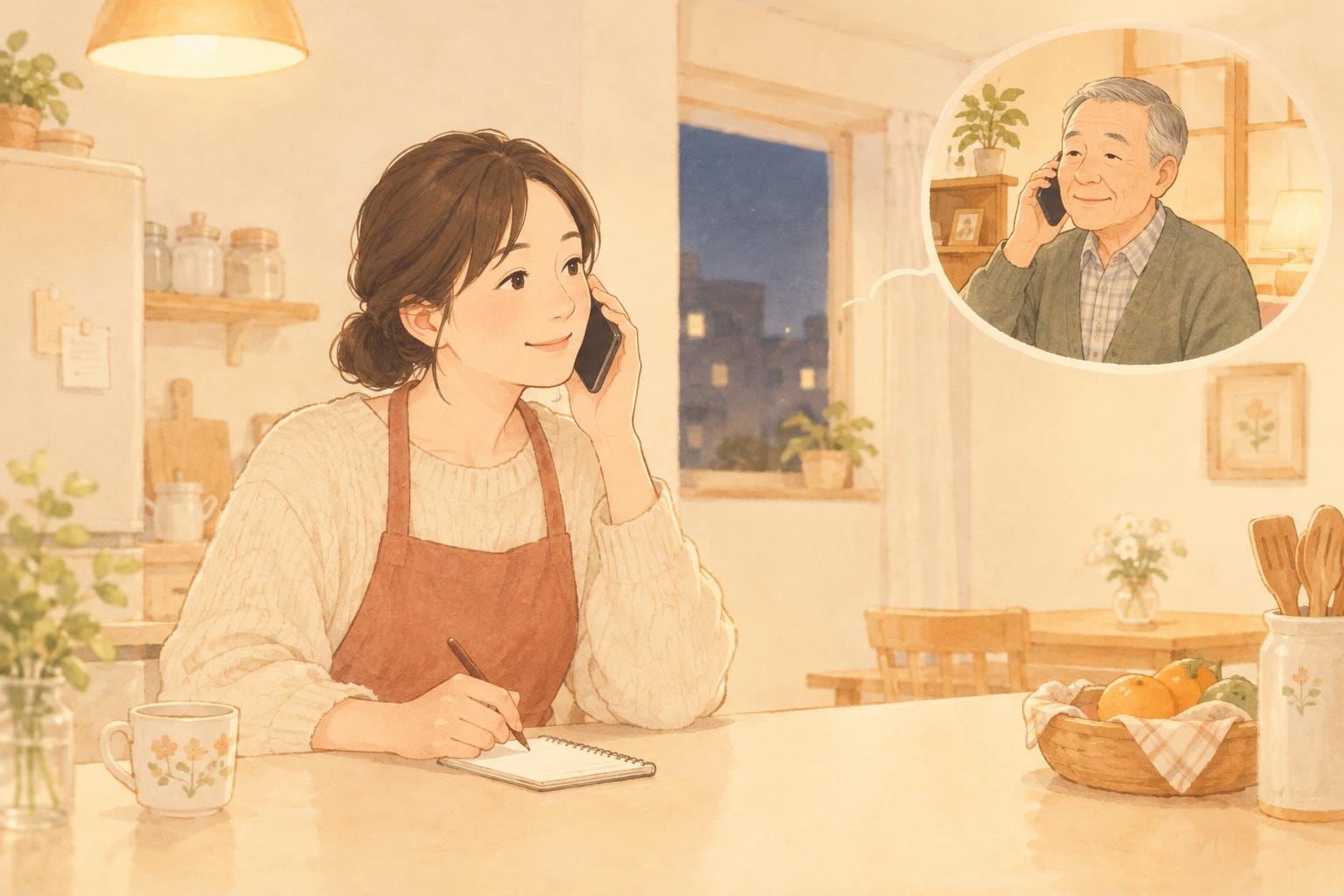 夜、離れて暮らす娘が自宅の台所でメモ帳を前に、実家の父親と電話で話している様子