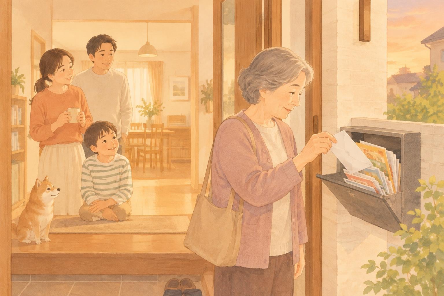 夕方の玄関で、高齢の母親が郵便受けから封筒を取り出している。奥の居間に家族の姿が見える