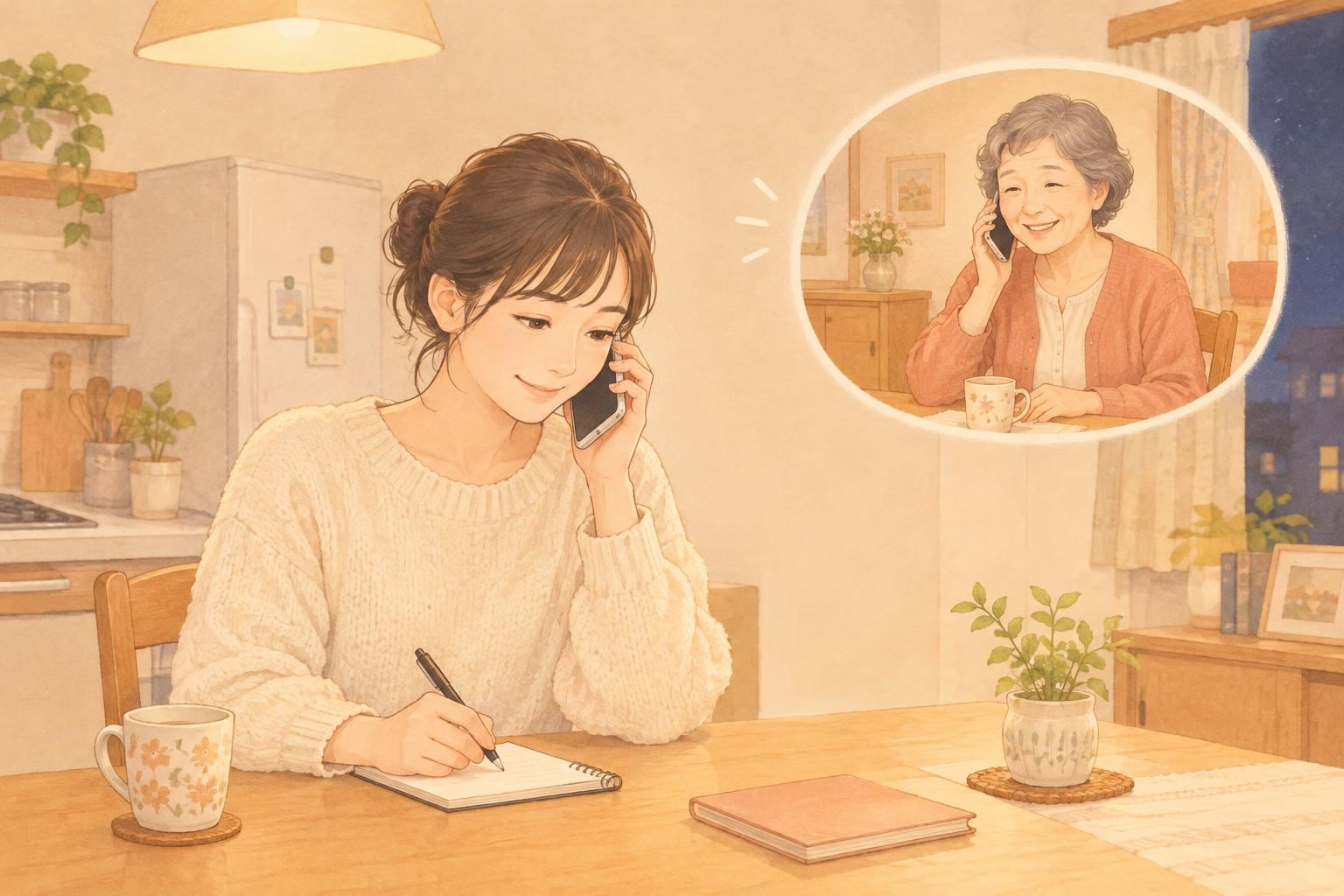 夜、離れて暮らす娘が自宅の台所でメモを取りながら、実家の母親と電話で話している様子