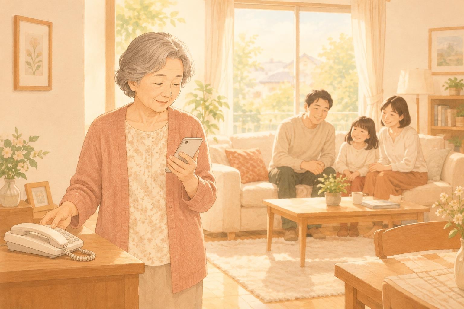居間で固定電話の受話器を置き、スマートフォンを手に取って家族に確認の電話をかけようとしている高齢の女性