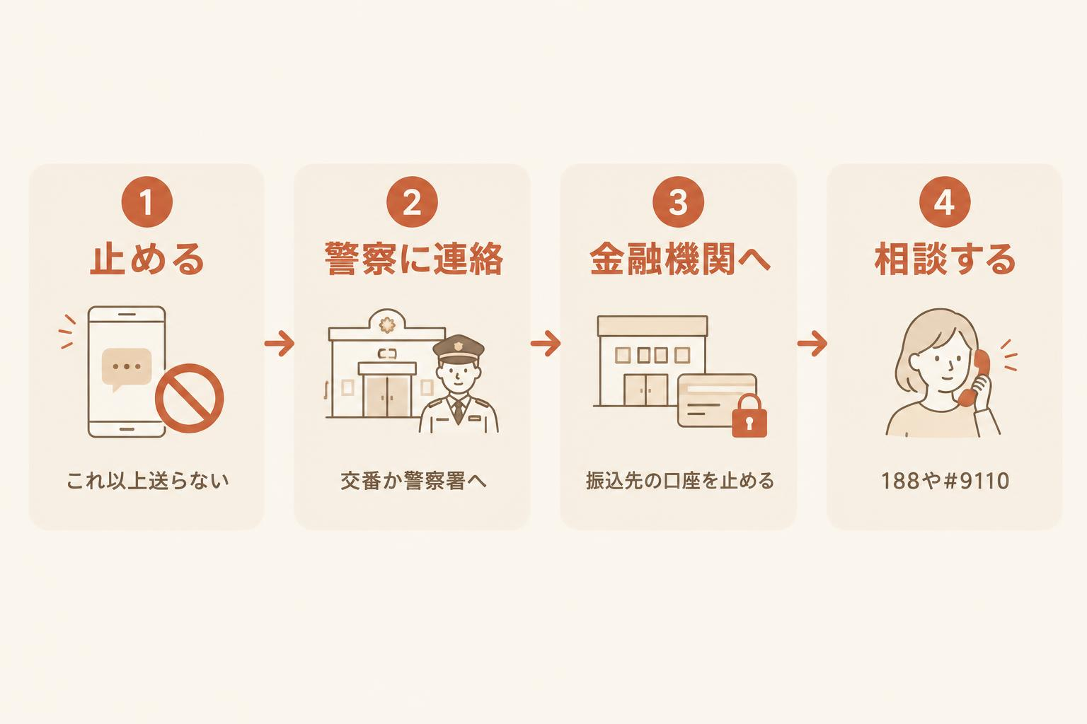 被害に気づいてから動く順番を示す図解。止める、警察に連絡、金融機関へ、相談する、の4つの段階が矢印でつながっている