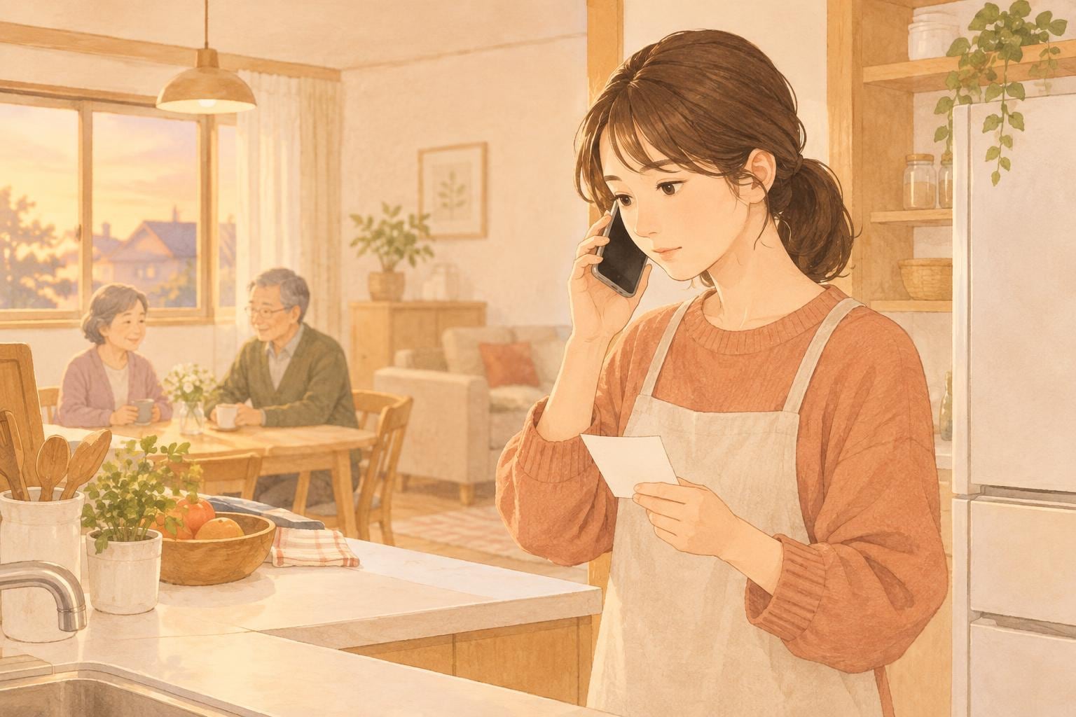 夕方の自宅キッチンで、メモを手にスマートフォンで電話をかけている娘。奥のダイニングでは両親がお茶を飲んでいる