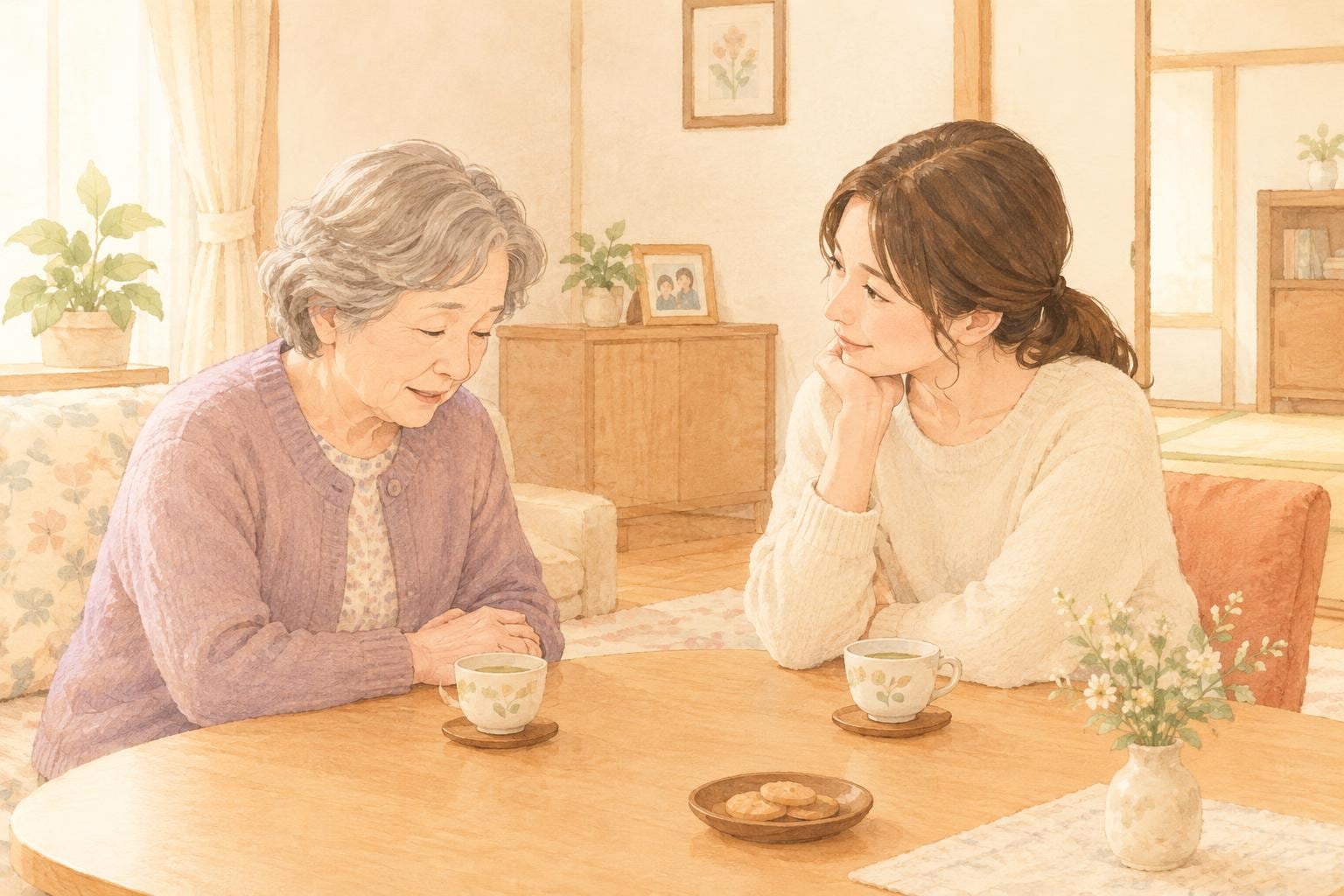 実家の居間で、うつむく母親の話をうなずきながら聞く娘。机にお茶と菓子