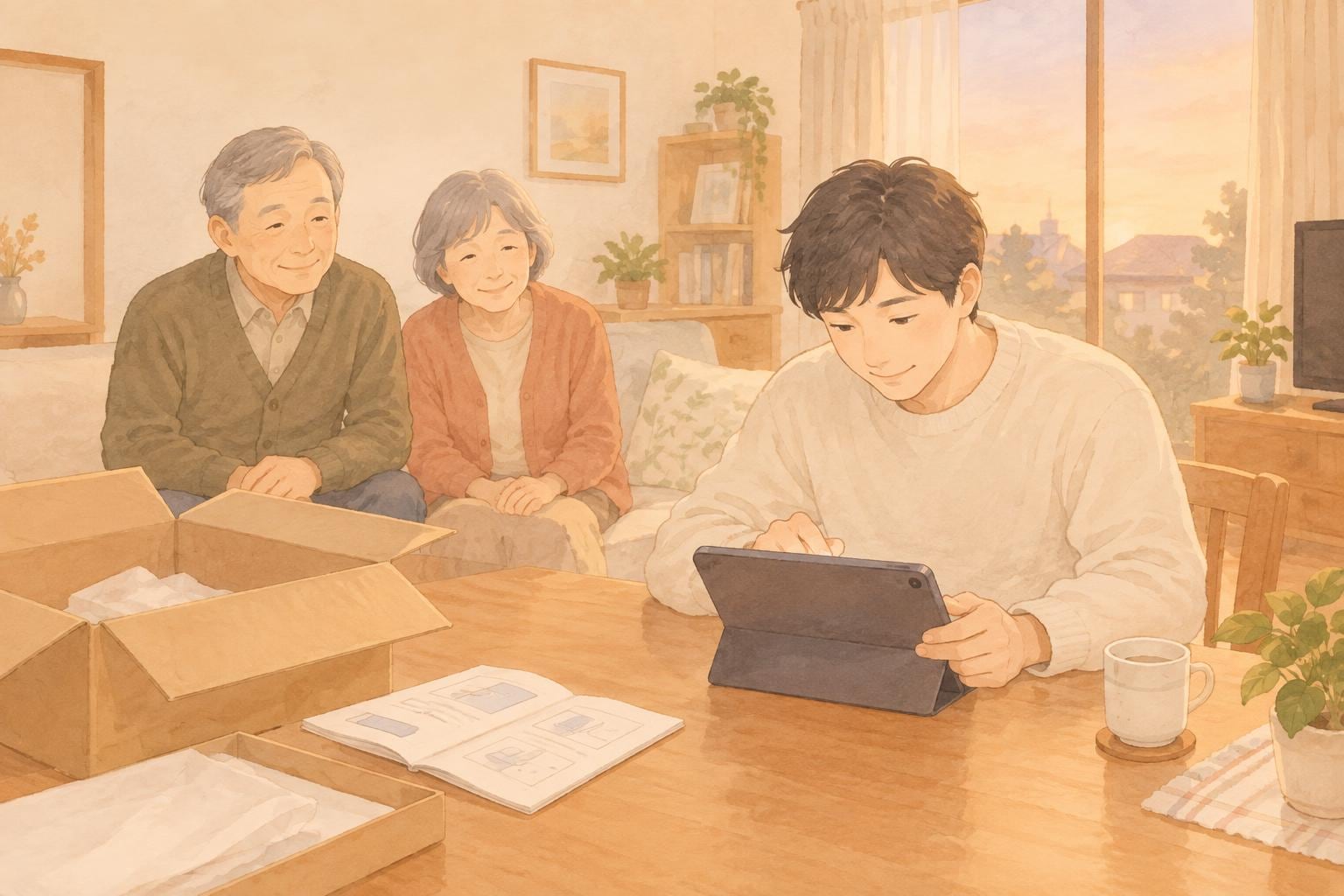 自宅のリビングで、家族がタブレットの初期設定をしている手元と、そばに置かれた段ボール箱