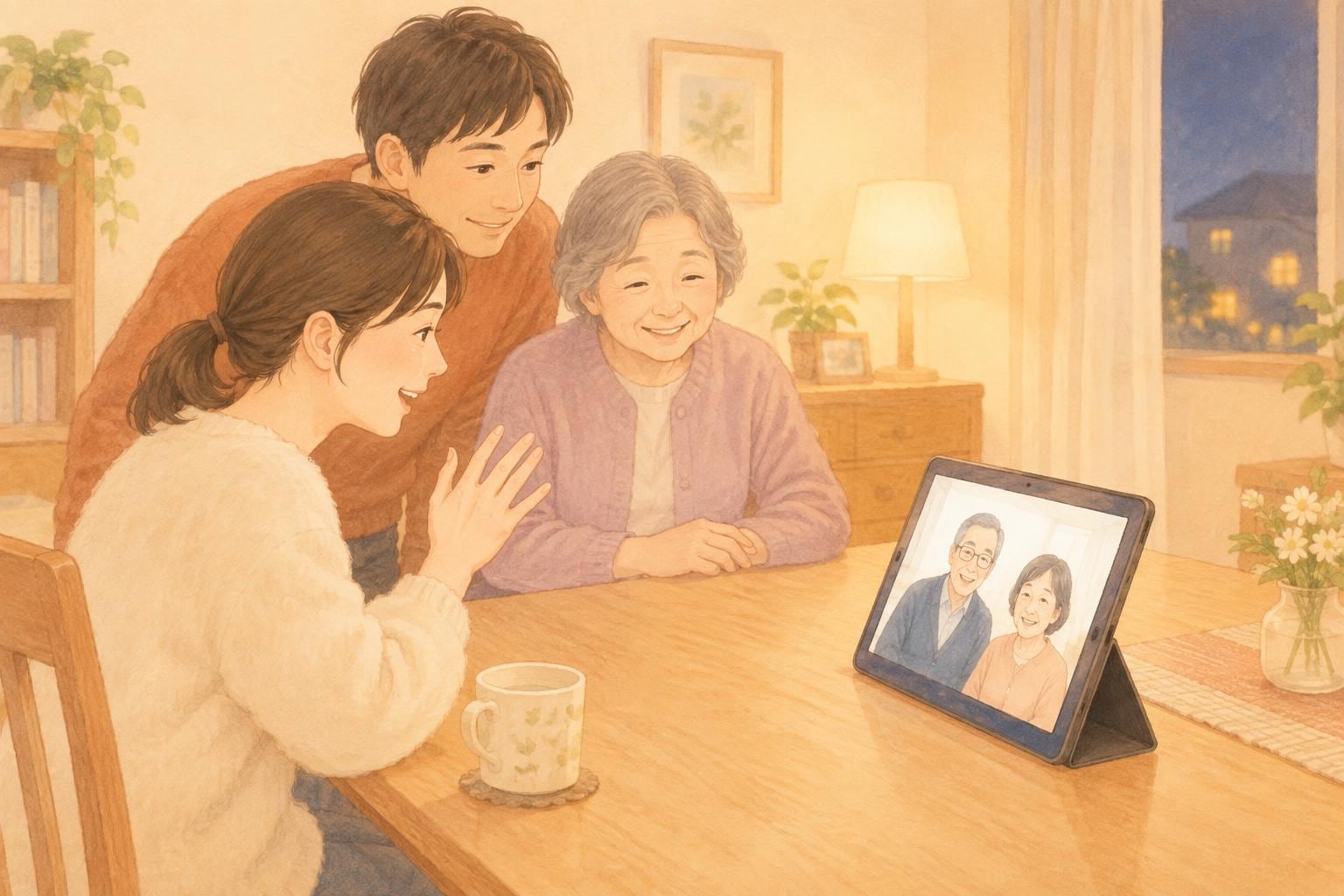 家族が自宅でタブレットに向かって話しかけ、テレビ電話の動作を確認している場面