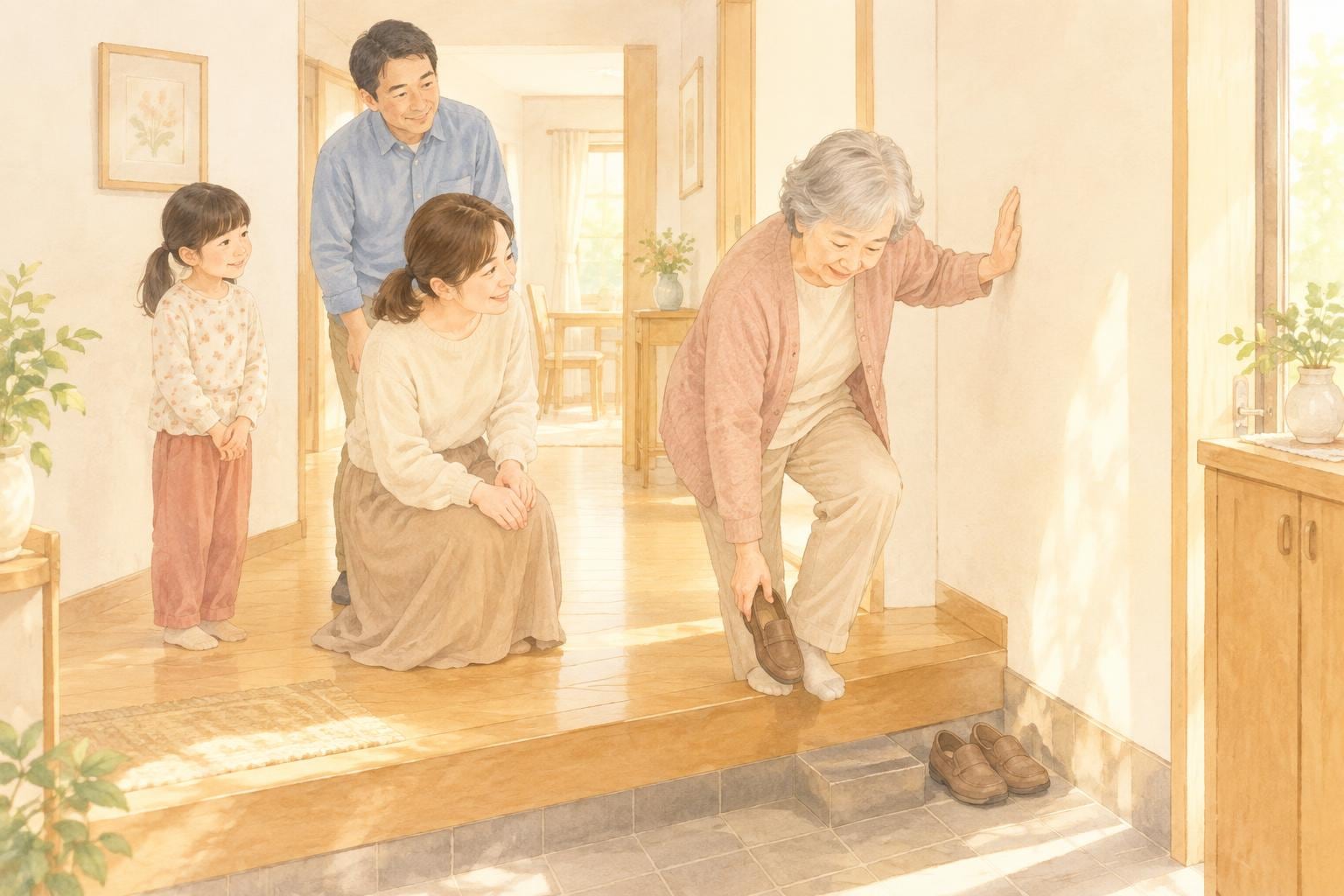 玄関の上がり框で、高齢の母親が壁に手をついて靴を履こうとしている