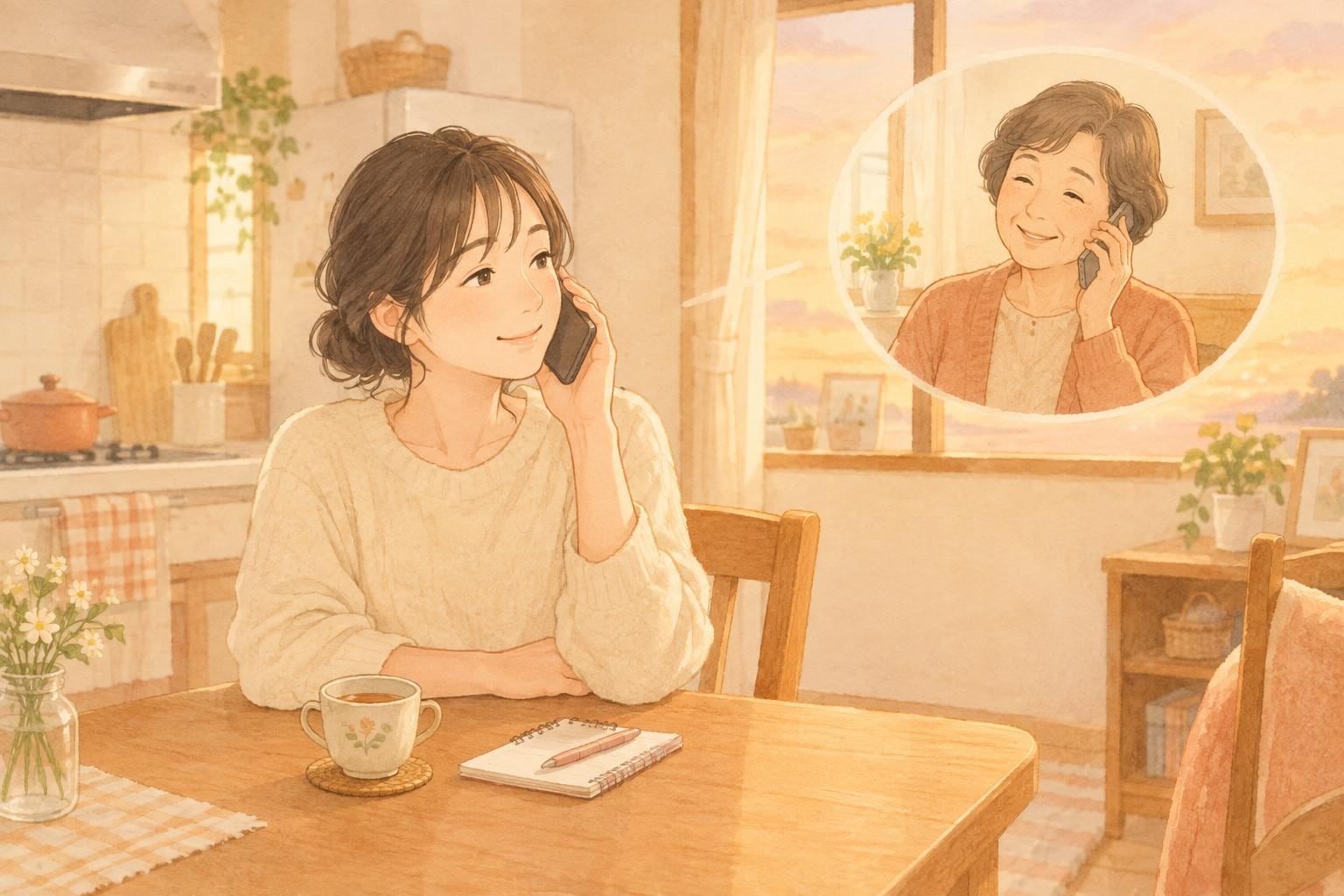 夕方のキッチンで、娘がスマホで実家の母に電話をかけている