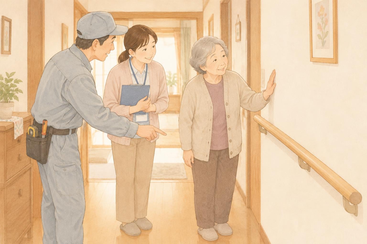 廊下で、職人とケアマネジャーと高齢の母親が手すりの位置を一緒に確認している