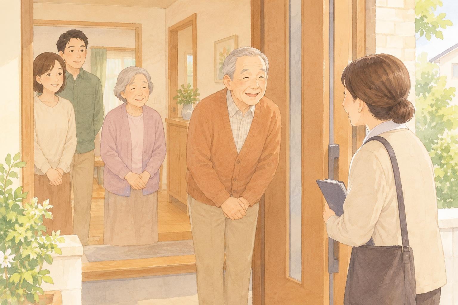 玄関先で、訪問した調査員に高齢の男性が挨拶をしている場面